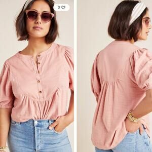 Anthropologie Elinor pink peasant Textured short puff sleeve Top Sz M